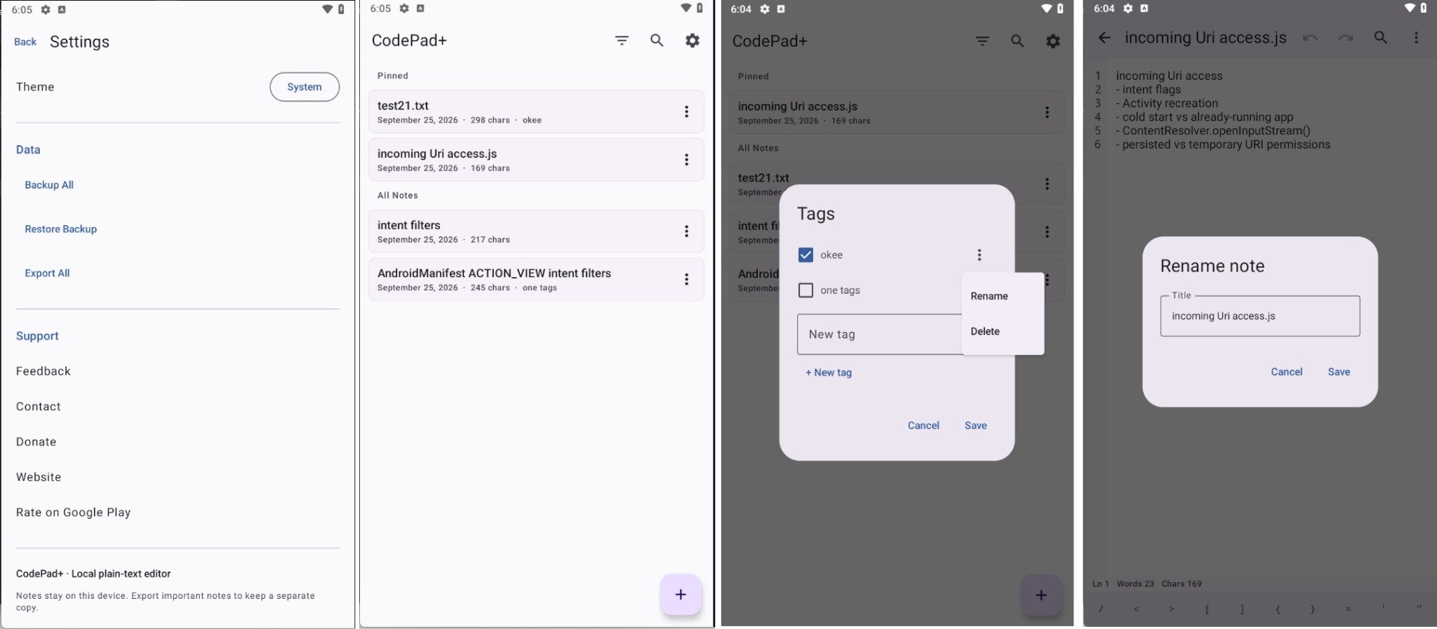 CodePad+ home and settings screens